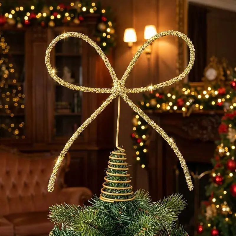 1 piece of glittery iron art bow Christmas tree topper in light luxury style, with dazzling glitter, waterproof, durable, and wear-resistant, suitable for decorating Christmas trees at home, outdoors, in parks, malls, balls, and parties