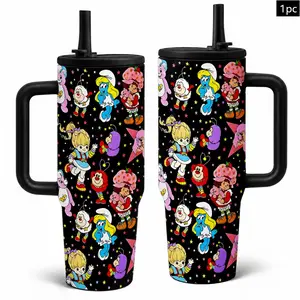 1pcs 40oz Vintage 80s Cartoon Collage Tumbler With Handle & Straw, Retro Rainbow Brite Smurfette Strawberry Shortcake Print Stainless Steel Insulated Travel Cup, Nostalgic Gift For 90s Fans