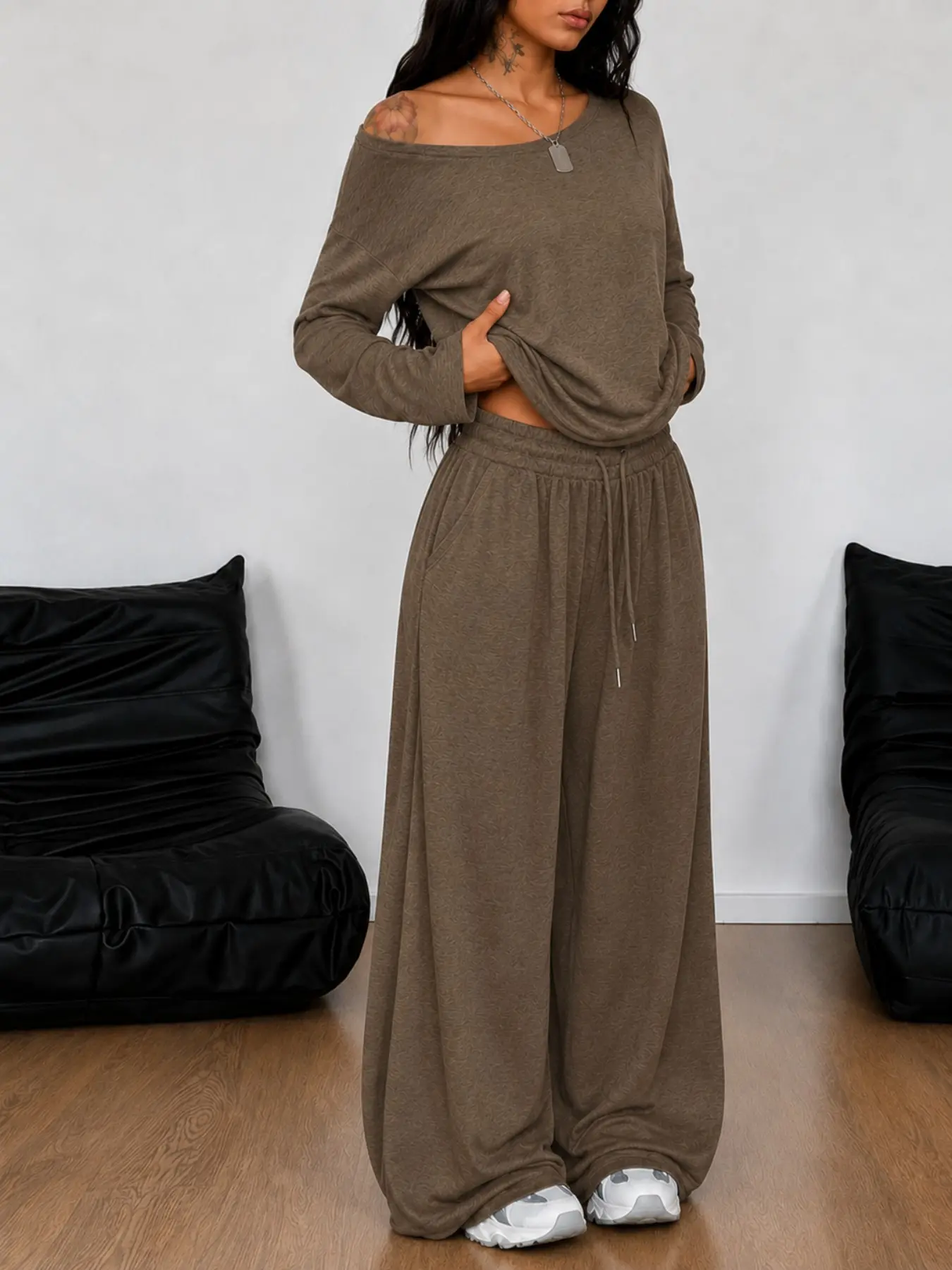 Women's Two-Piece Knit Casual Set, Loose Baggy Long Sleeve Top, Wide Leg Pants, Comfortable Home Wear, Fall Winter Fashion, Clothes