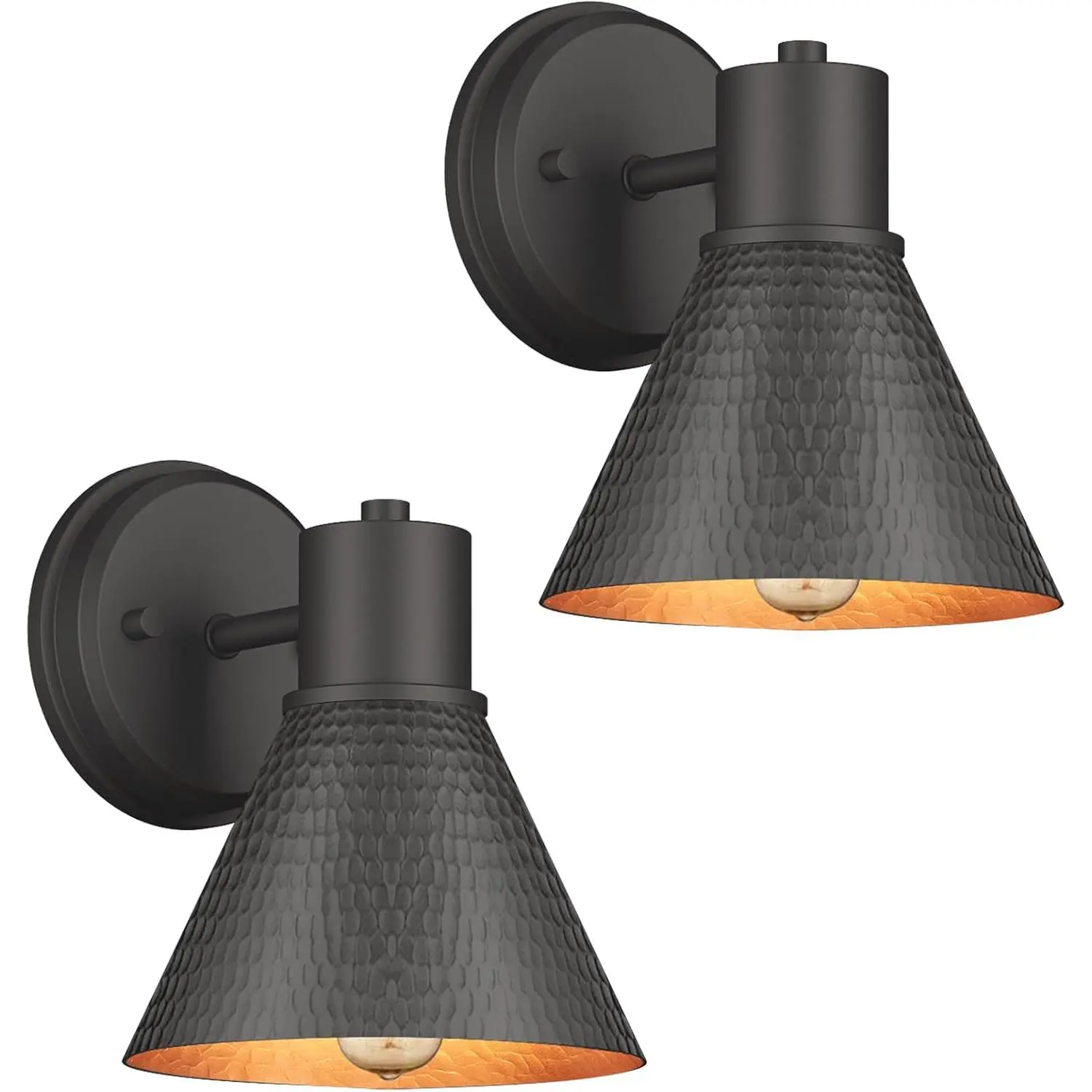 2 Pack Outdoor Wall Sconces - E26 Socket Wall Lamps with Hammered Metal Shade, Anti-Corrosion Water Resistant Black Farmhouse Barn Lights for Front Porch, Garage, Outdoor Wall Lights, E26 Sockets