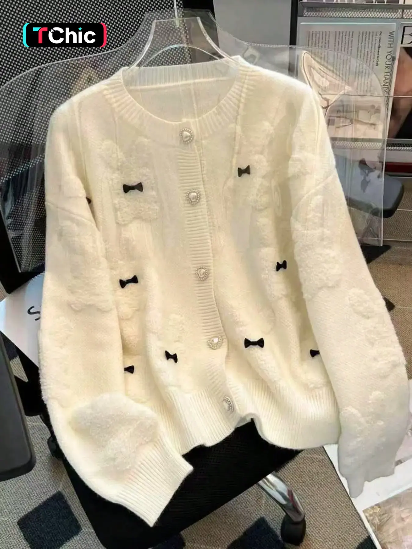 Sweet Style Bowknot Rabbit Pattern Button Front Cardigan, Fashionable Cute Versatile Casual Sweater Jacket for Fall Winter Seasons