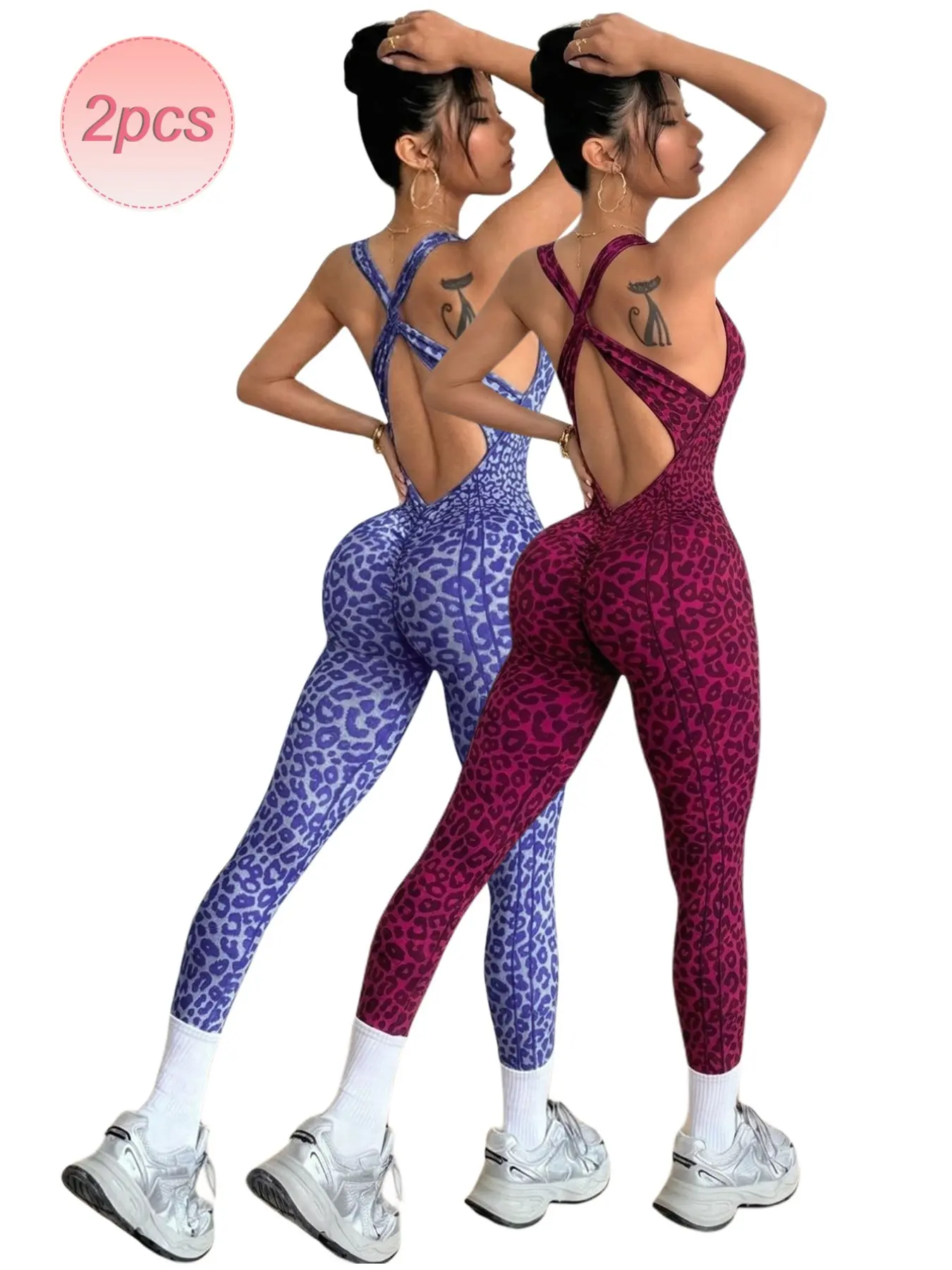 2-Pack Seamless Leopard Print Yoga Pants, High Waist Cross Back Sports Bra, Detachable Pads, Summer Fitness Wear, Casual Gym