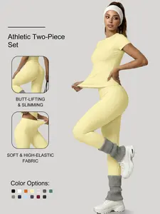 2-Piece Spring Summer Women's Yoga Set, High Waist Slim Fit, Short Sleeve, Sporty Style, Ideal for Fitness, Running, Outdoor Activities, Sports Wear Set, Exercise Clothing Set