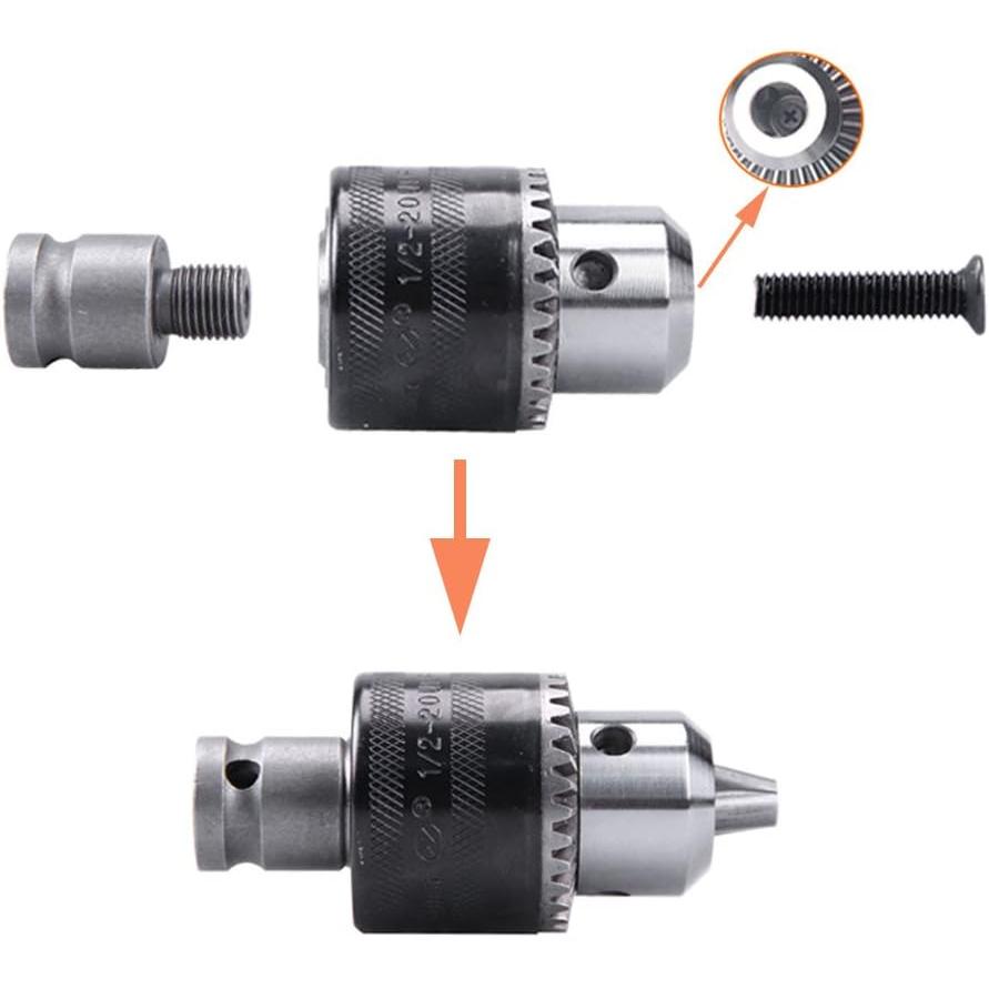1/2-20UNF Mount 1.5-13mm Capacity Key Drill Chuck for Air Impact Wrench Converter Conversion Tool with Chuck Key and 1/2 inch Socket Square Female Adapter