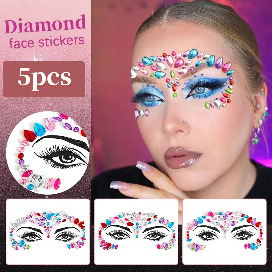 5Pcs Random Colorful Teardrop Face Glittering Rhinestone Stickers, Forehead Gem Stickers for Rave & Music Festival, Sparkling Crystal Eye & Face Decorations for Stage Party Photoshoot
