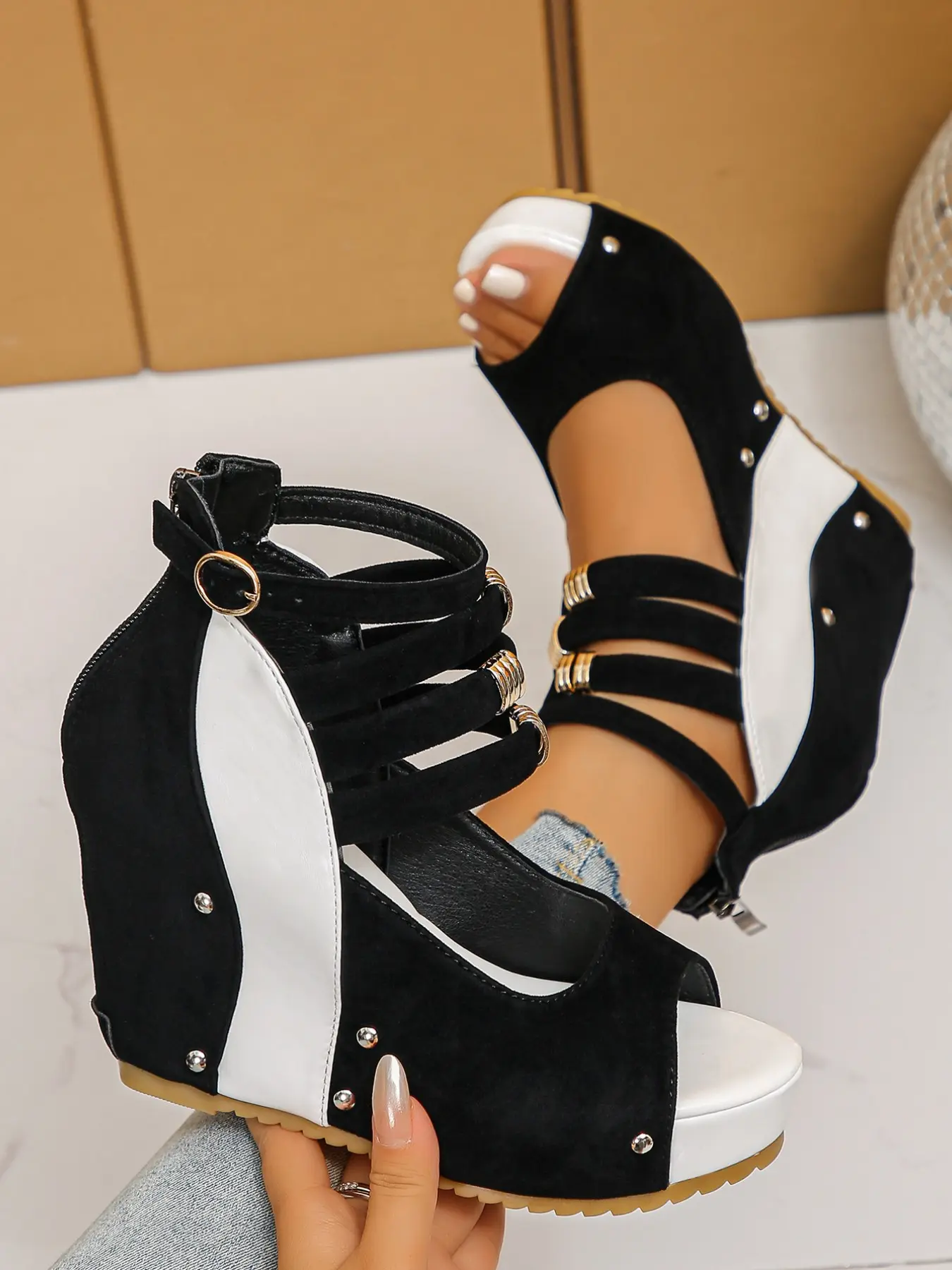 Women's Summer Wedge Heel Thick Sole Sandals, Strappy Wedges, Elegant Party Shoes Fashion Sport Punk Rivet Three Straps Strappy High Heels Colorblock Chunky Heels, Party Holiday Shoes