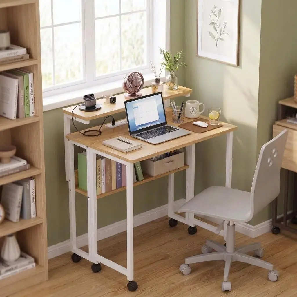 Foldable Rolling Computer Desk - 3-Position Adjustable Monitor Shelf, 6 Smooth Swivel Wheels, Fold-Flat Design, Desk for Bedroom, Dual Monitor Setup, Small Space Office Furniture