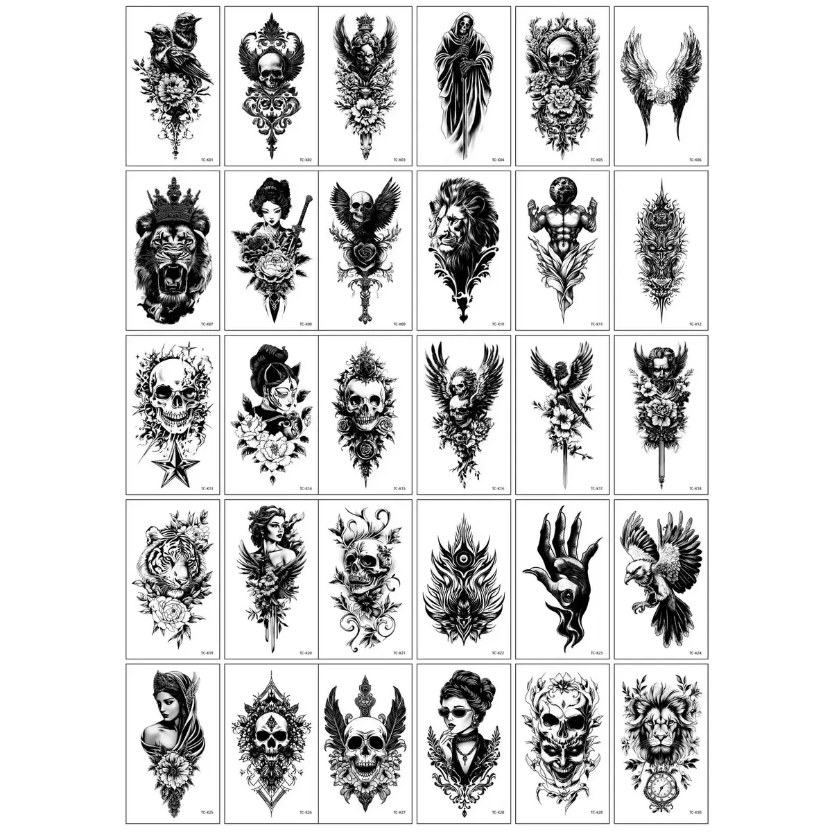 30Pcs Unisex Horror Temporary Tattoos - Skull Shapes, Heart, Flower Patterns, Waterproof Wear, Dark-Themed Body Makeup Stickers
