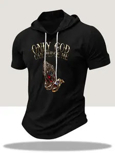 Men's "Only God Can Judge Me" Praying Hands Graphic Short Sleeve Hooded T-Shirt, Christian Faith Streetwear Casual Tee #tiktokmademebuyit