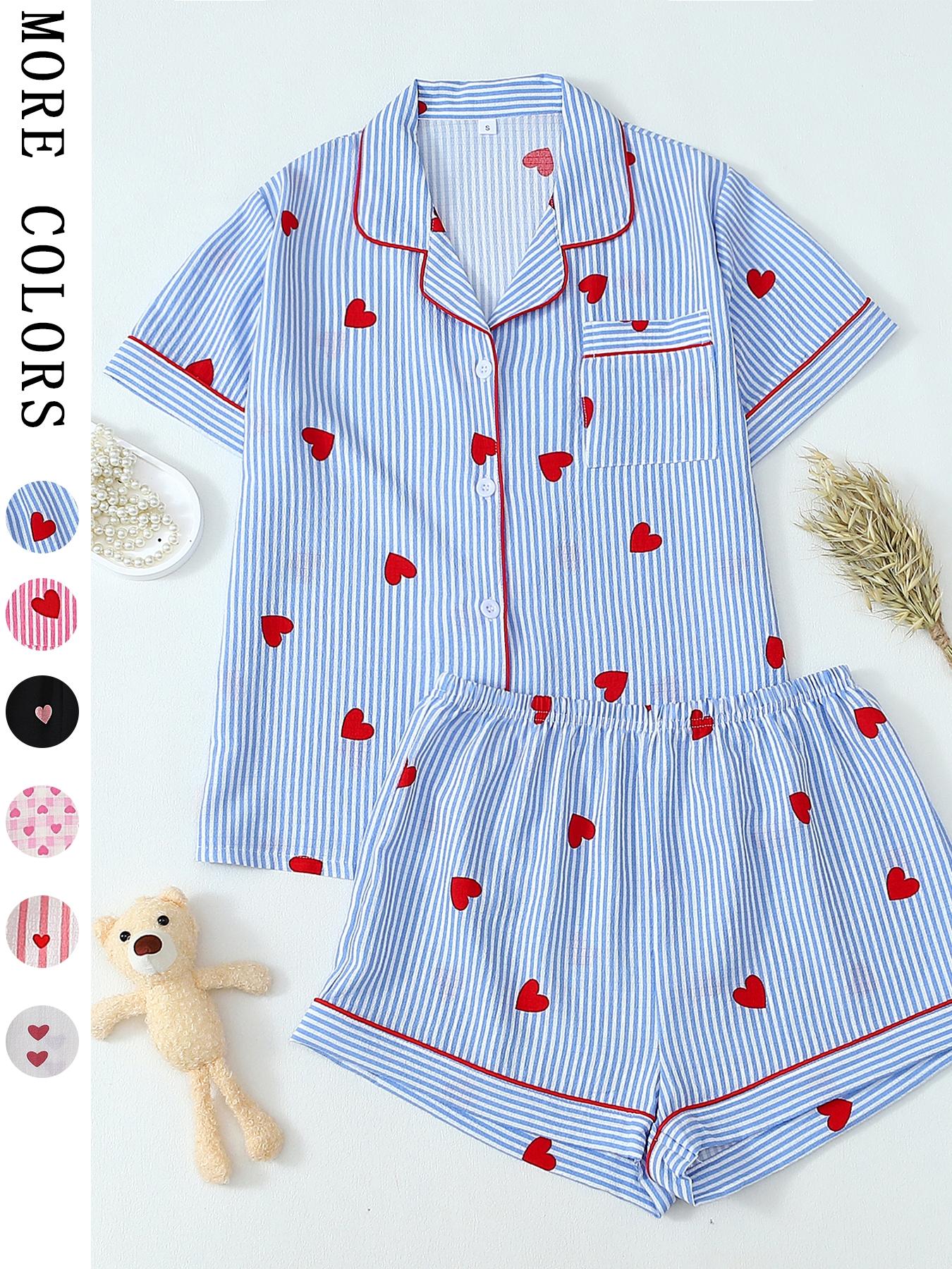 Valentine's Day Spring Summer Romantic Blue Striped Heart Elegant Short Sleeve Shorts Pajama Set for Women, Cute Fitted Homewear Loungewear Nightwear