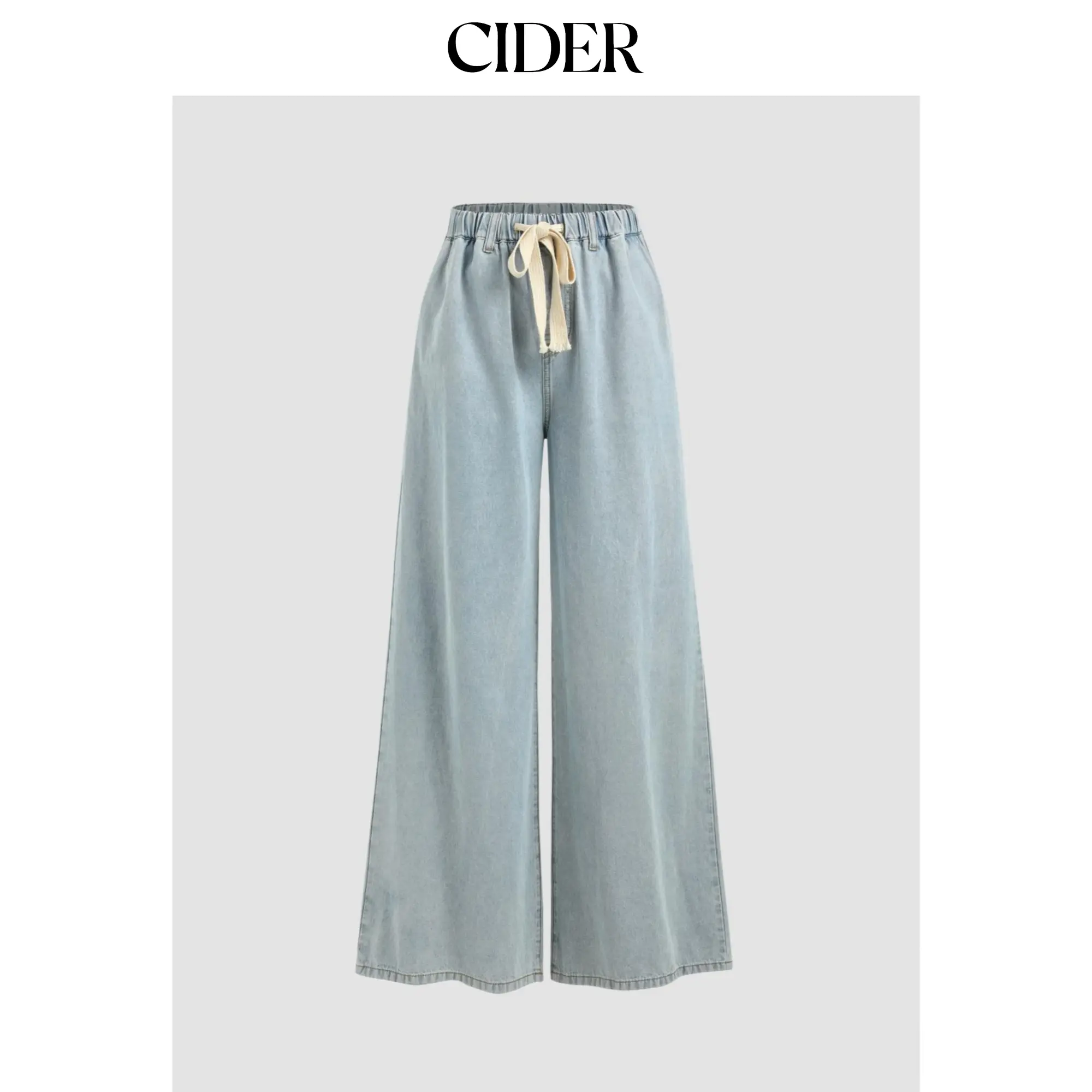 Cider [size XXS Petite-XL Petite] Santorini Beach Vacation Petite Denim High Waist Solid Tie Front Wide Leg Trousers