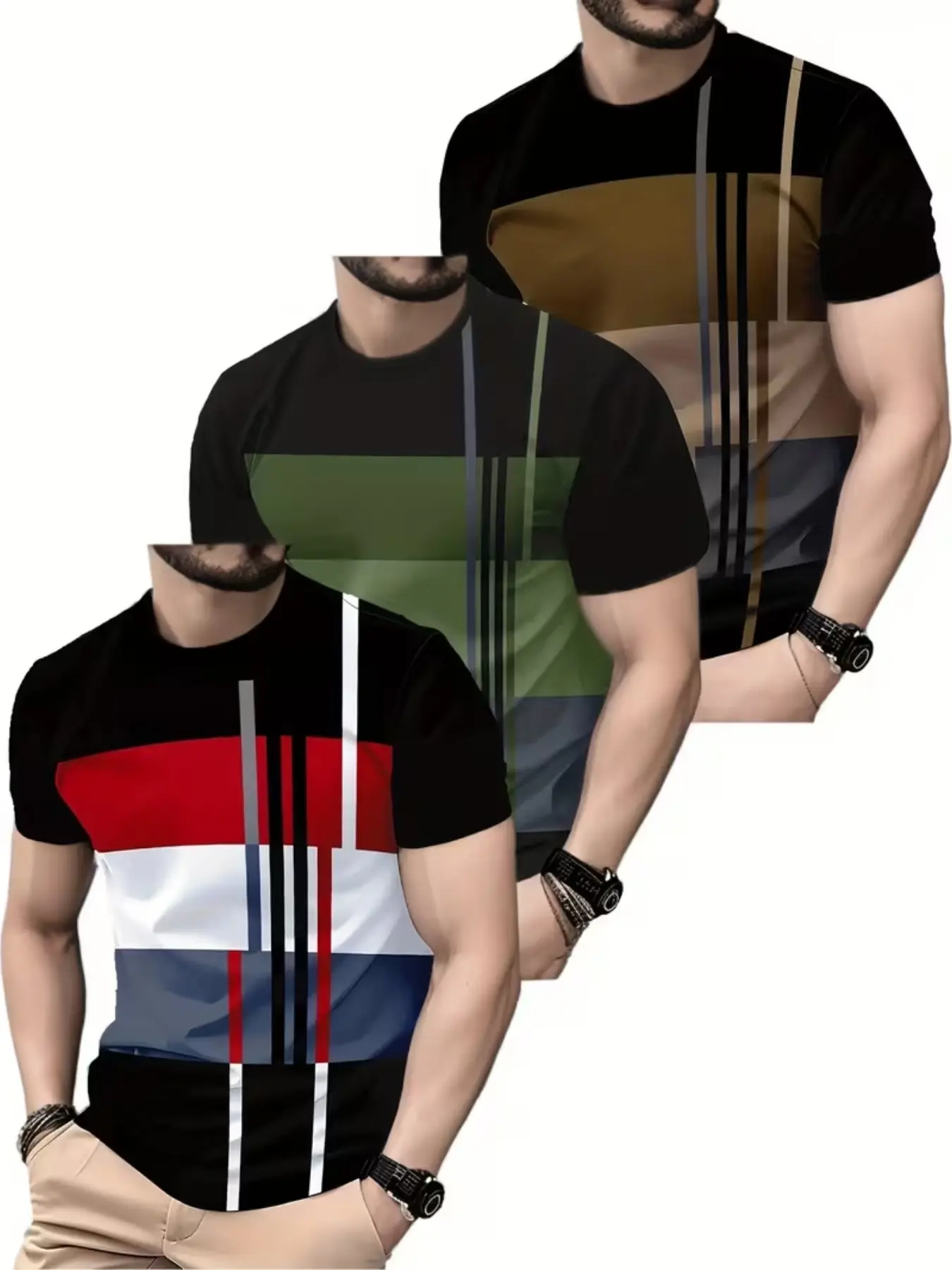 3-Pack Men's Casual Short Sleeve T-Shirts, All-Over Print, Loose Fit, Breathable, Ideal for Outdoor Activities, Perfect Gift for Friends