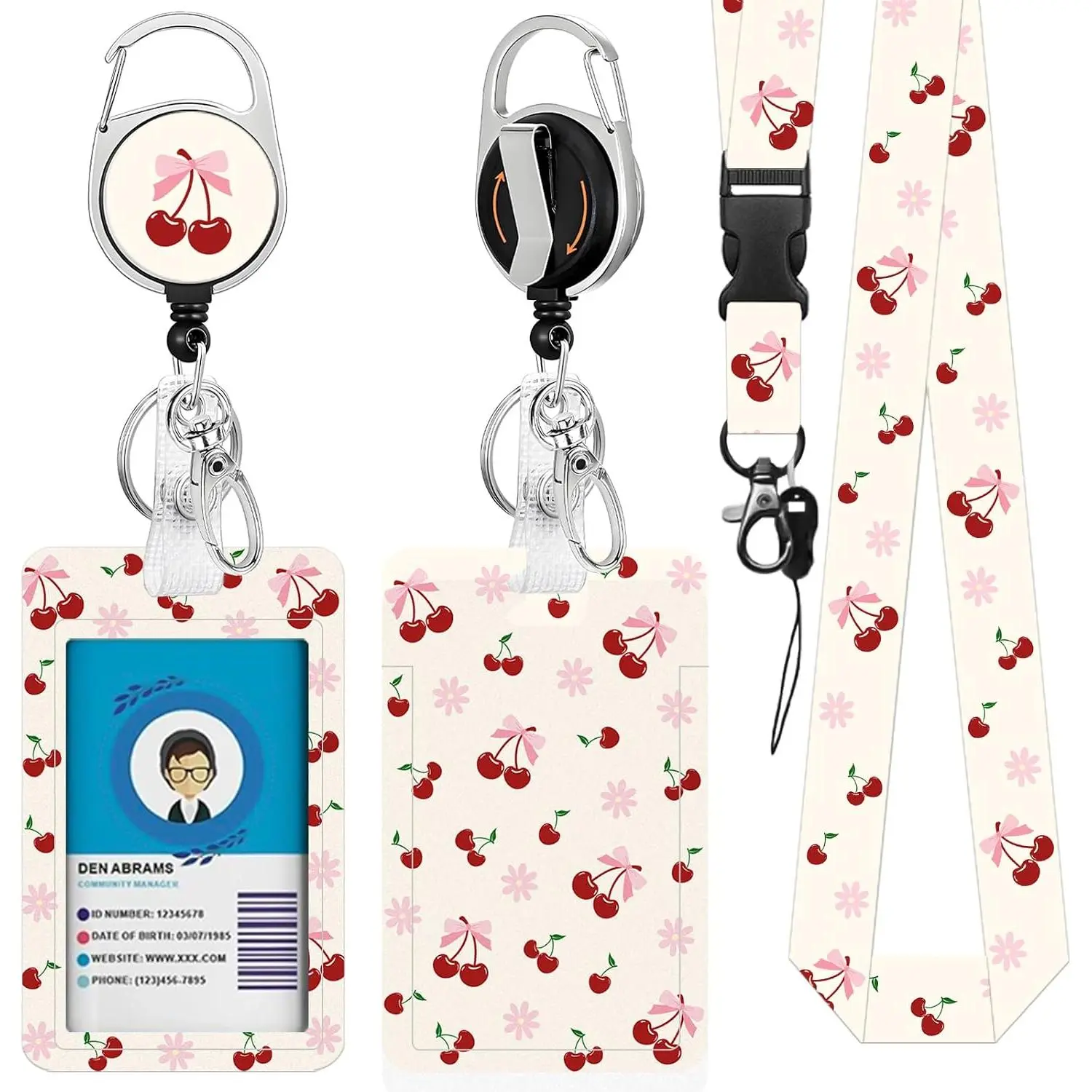 Lanyards for ID Badges, Cherry ID Holder with Retractable Scroll | Teacher Lanyard with ID Clip, Detachable , Sturdy and Durable,  for teachers, , Workers Office workers