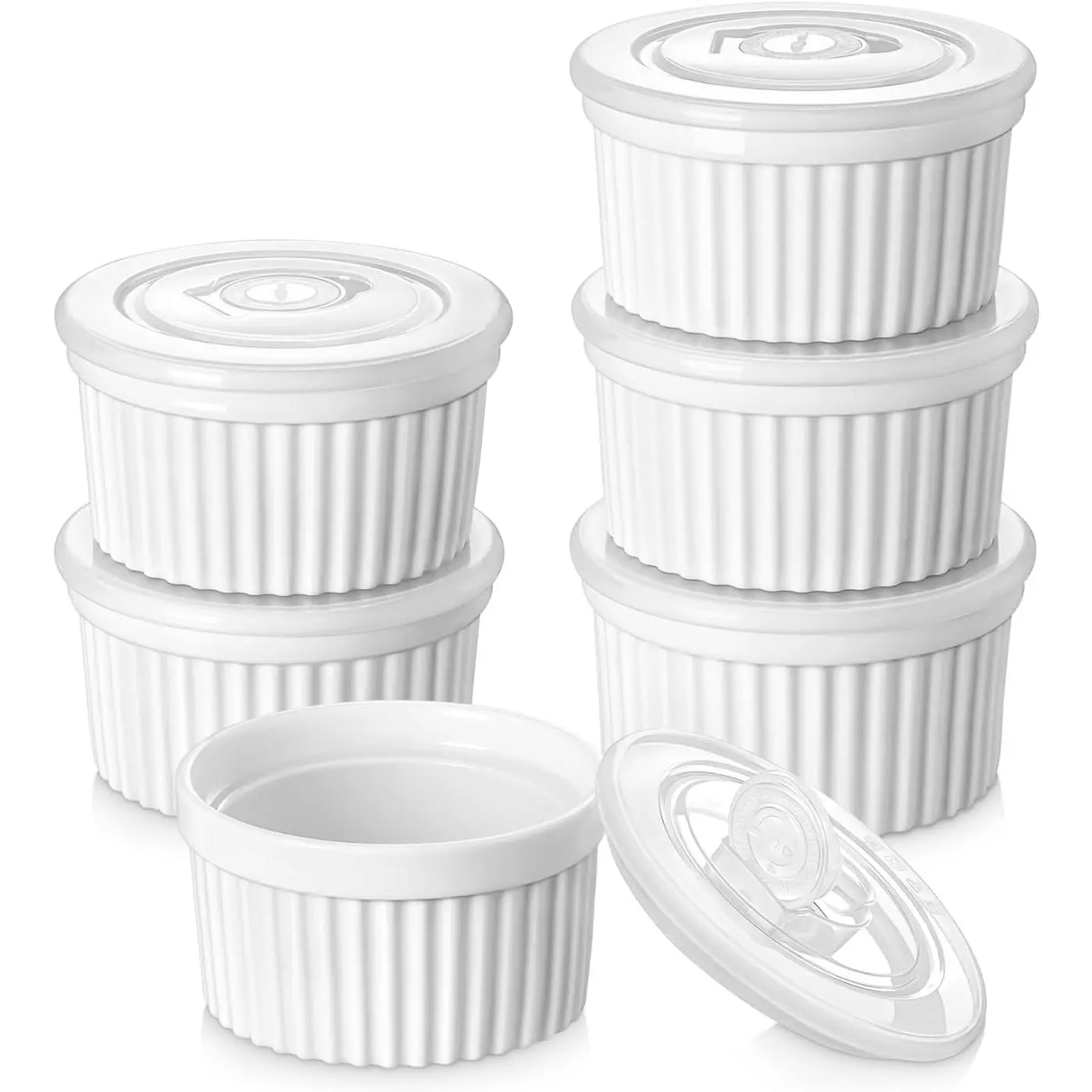 8 oz Ramekins with Lid, Porcelain Creme Brulee Souffle Dishes, White Pudding Custard Cups for Baking, Dishwasher and Oven Safe, Set of 6