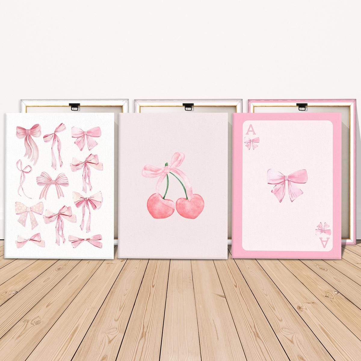 Wooden Framed Canvas Painting, 3 Counts/set Cute Bow Pattern Artistic Wall Art for Girl, Wall Decor for Home Living Room Bedroom Office