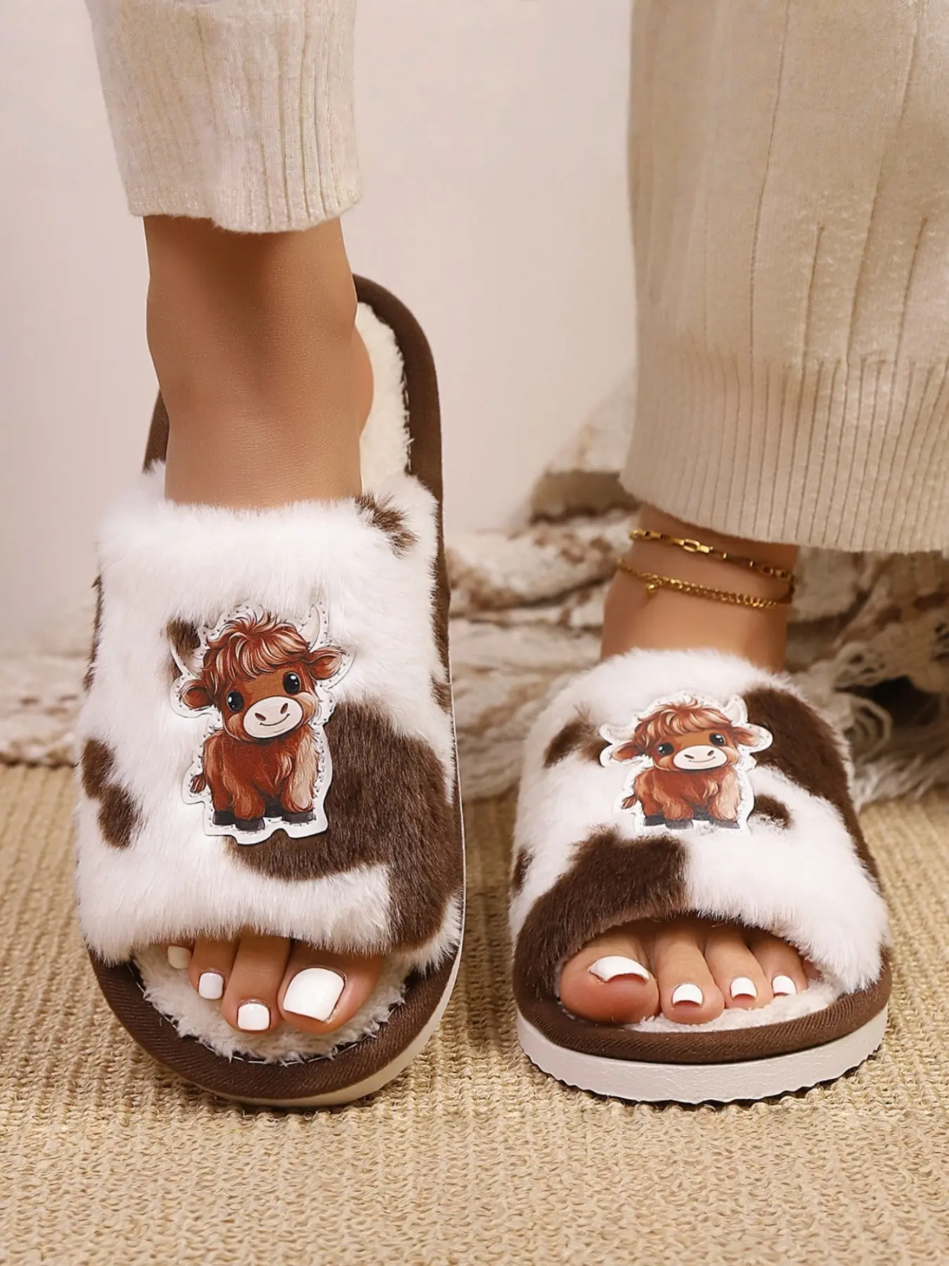 Women's Cute Cow Print Slippers, Textile Upper, Eva Sole, Minimalist Style, Cartoon Pattern, Indoor Home Wear, Anti-Slip Flat Shoes