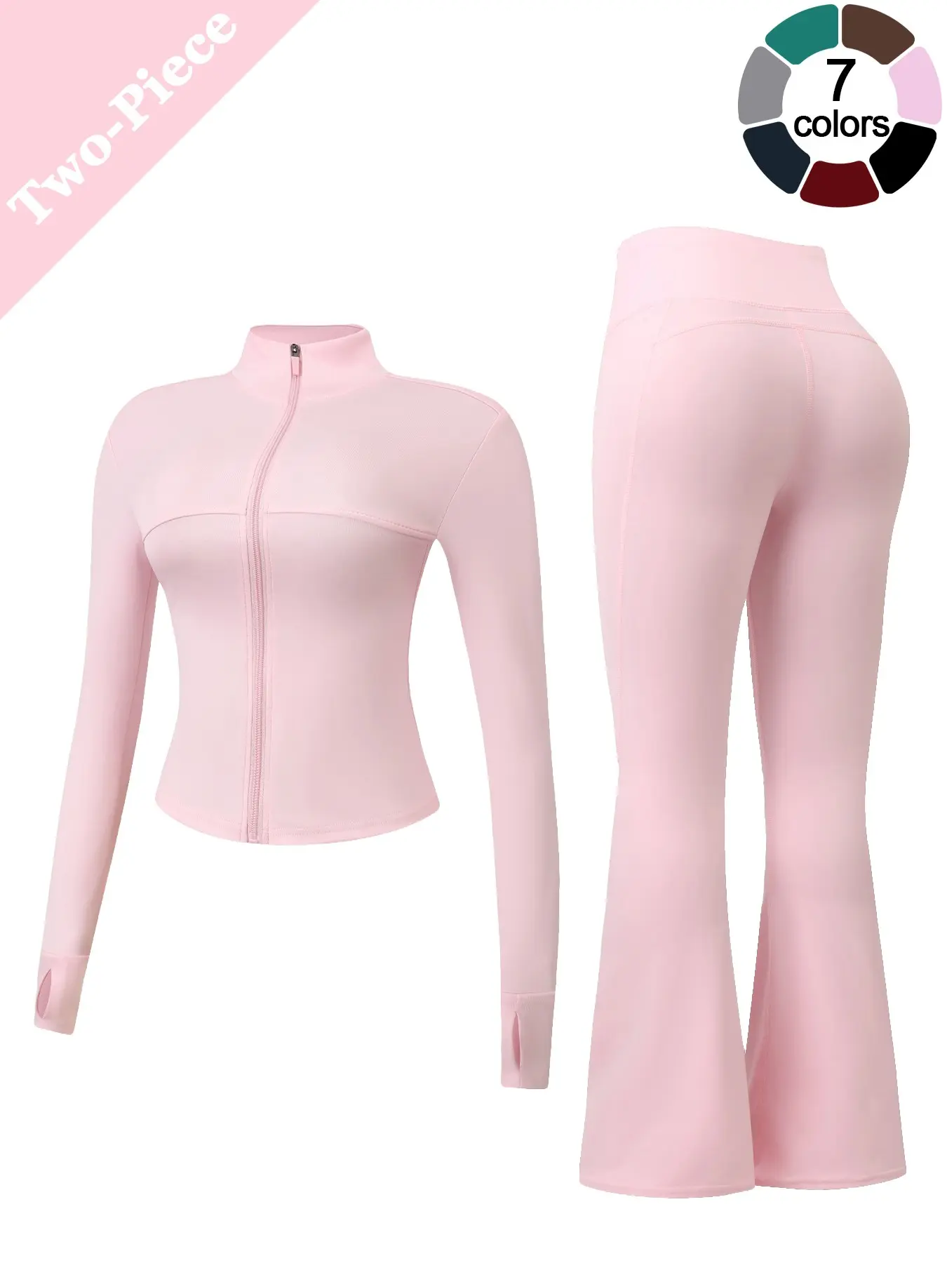 2 Piece Set Women’s Workout Set Long Sleeve Zip Up Jacket with Thumb Holes and High Waist Flare Pants Soft Breathable 4 Way Stretch Butt Lifting Yoga Gym Running Outfit Multifunctional Sportswear