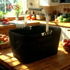 Collapsible Aluminum-Frame Basket, Large Zippered Side Pocket, Foldable Oxford Cloth Shopping Basket, Insulated Basket, Portable Picnic Basket, Carry Basket, Fast Food Basket, Supermarket Shopping Basket