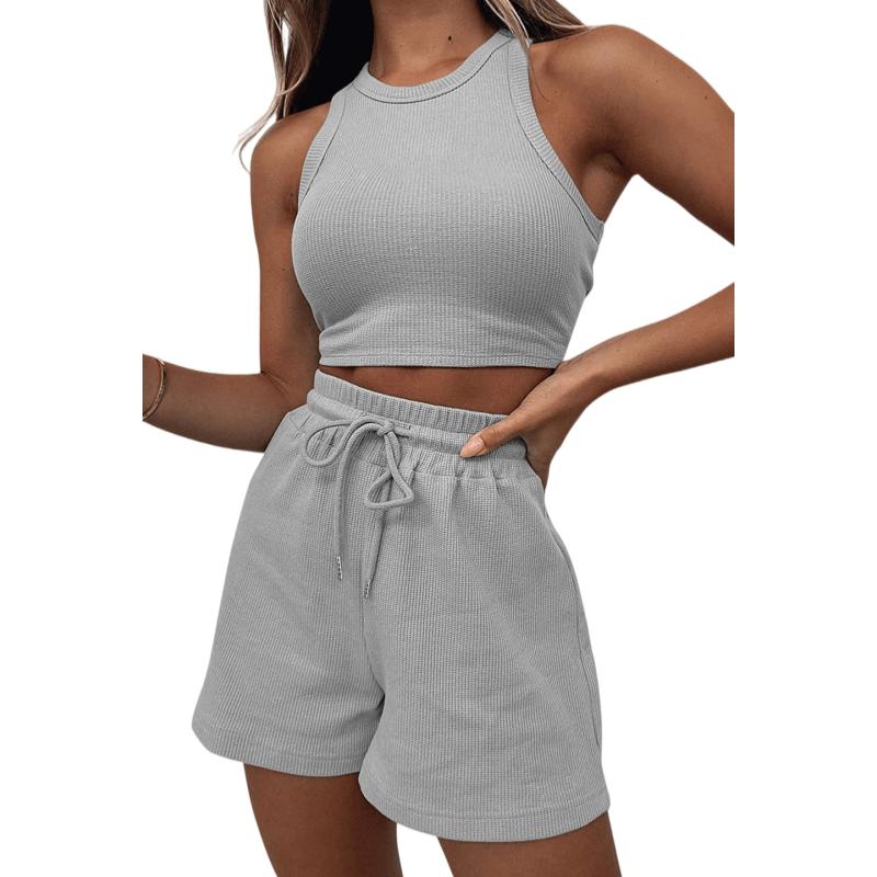 Women's 2-Piece Waffle Knit Lounge Set - Crop Tank Top & Drawstring Shorts Outfit