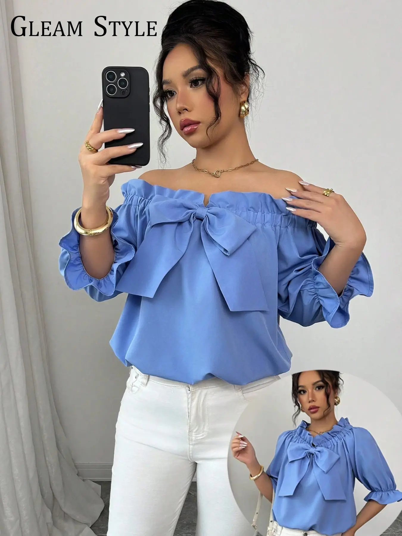 2026 Spring Summer European Style Ruffled Bow Tie Pure Color Sexy One-Shoulder Women's Top Blouse Shirt, Elegant Design for Casual Daily Wear, All Season Blouse