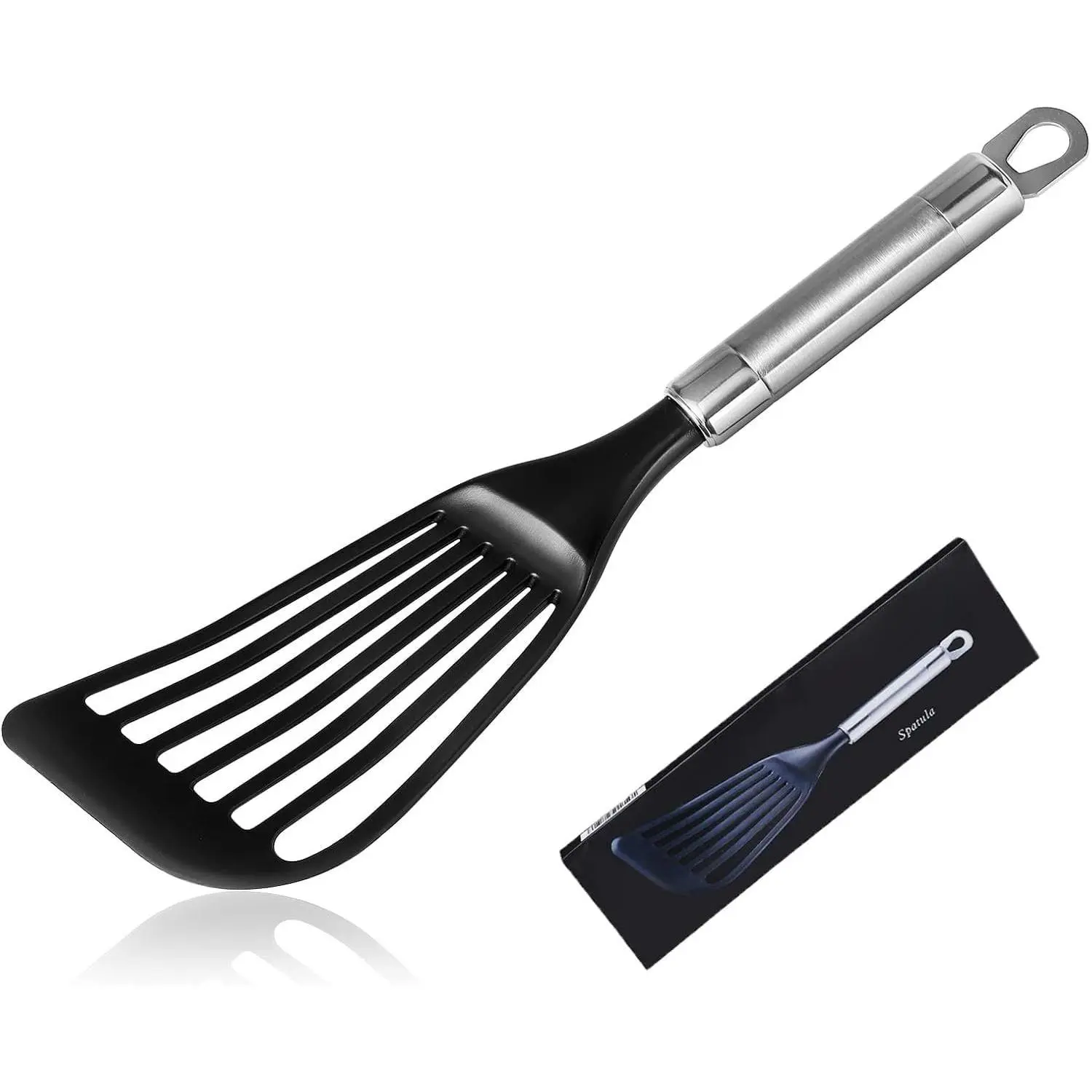 Thin Flexible Fish Spatula for Nonstick Cookware, Black | Egg Flipper Turner w/Hollow Steel Handle, Slotted Angled LFGB Complaint Nylon , Dishwasher Safe,  Handle