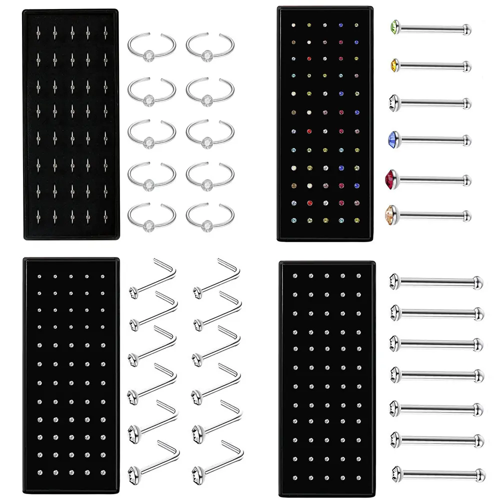 Premium Rhinestone Nose & Lip Stud Set, 60 Pcs Stainless Steel Piercing Jewelry Mixed Sizes 1.5/2.0/2.5mm Glossy Fringe Studs for Women