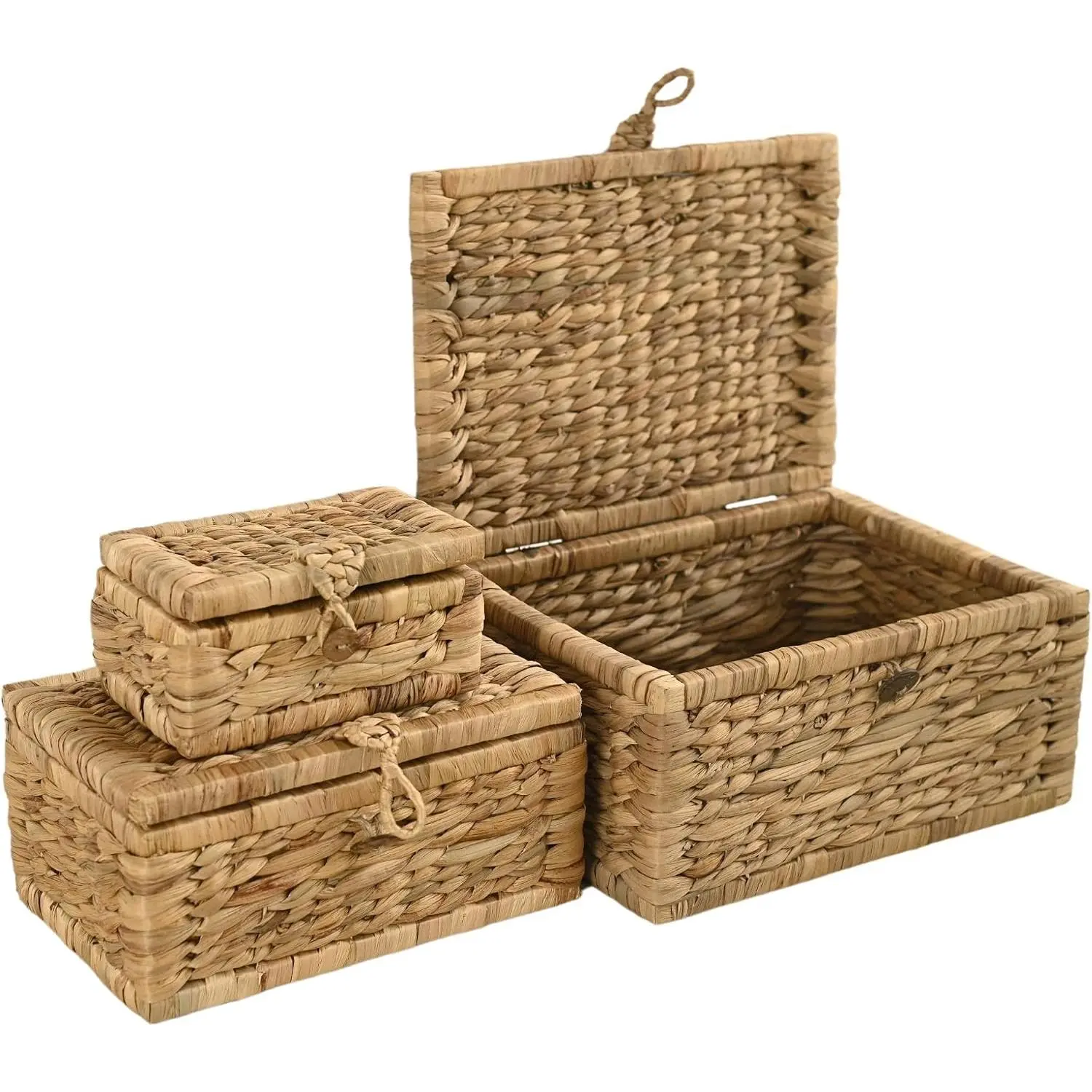 Wicker Storage Basket with Lid Set of 3 – Decorative Water Hyacinth Boxes for Organizing Toys, Clothes & Essentials – Handwoven Natural Storage Bins for Home Decor