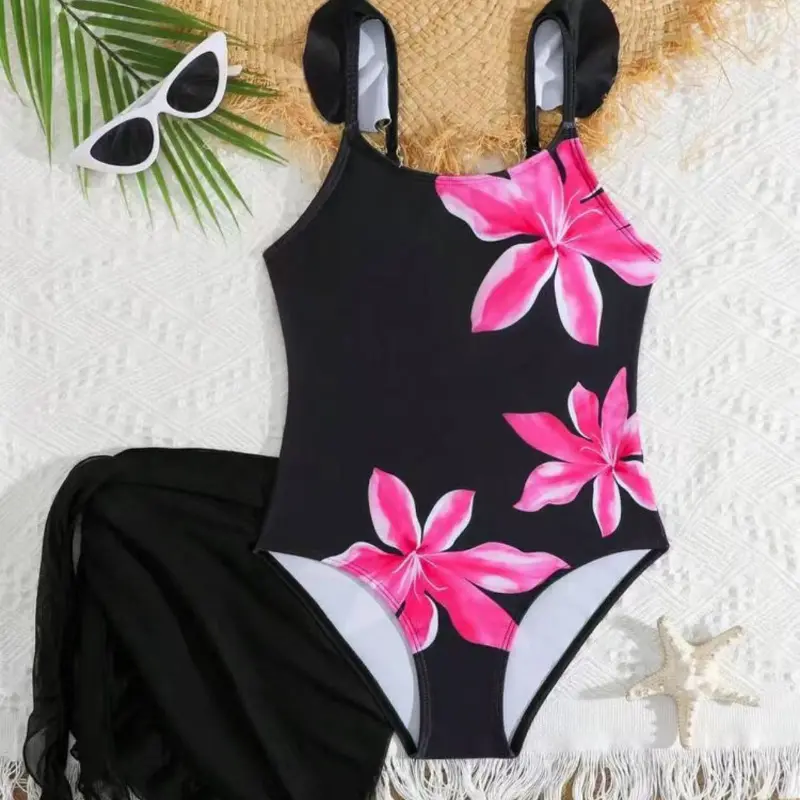 Tween Girls 1pc Elevated Style Tween Girl Swimsuit Floral Printed Orange Ruffle Swimsuit Swimwear with Sarong Beach Dress Tween Girl Swimsuit Swimsuits for Tweens Tween Swimsuit for Summer Holiday & Beach