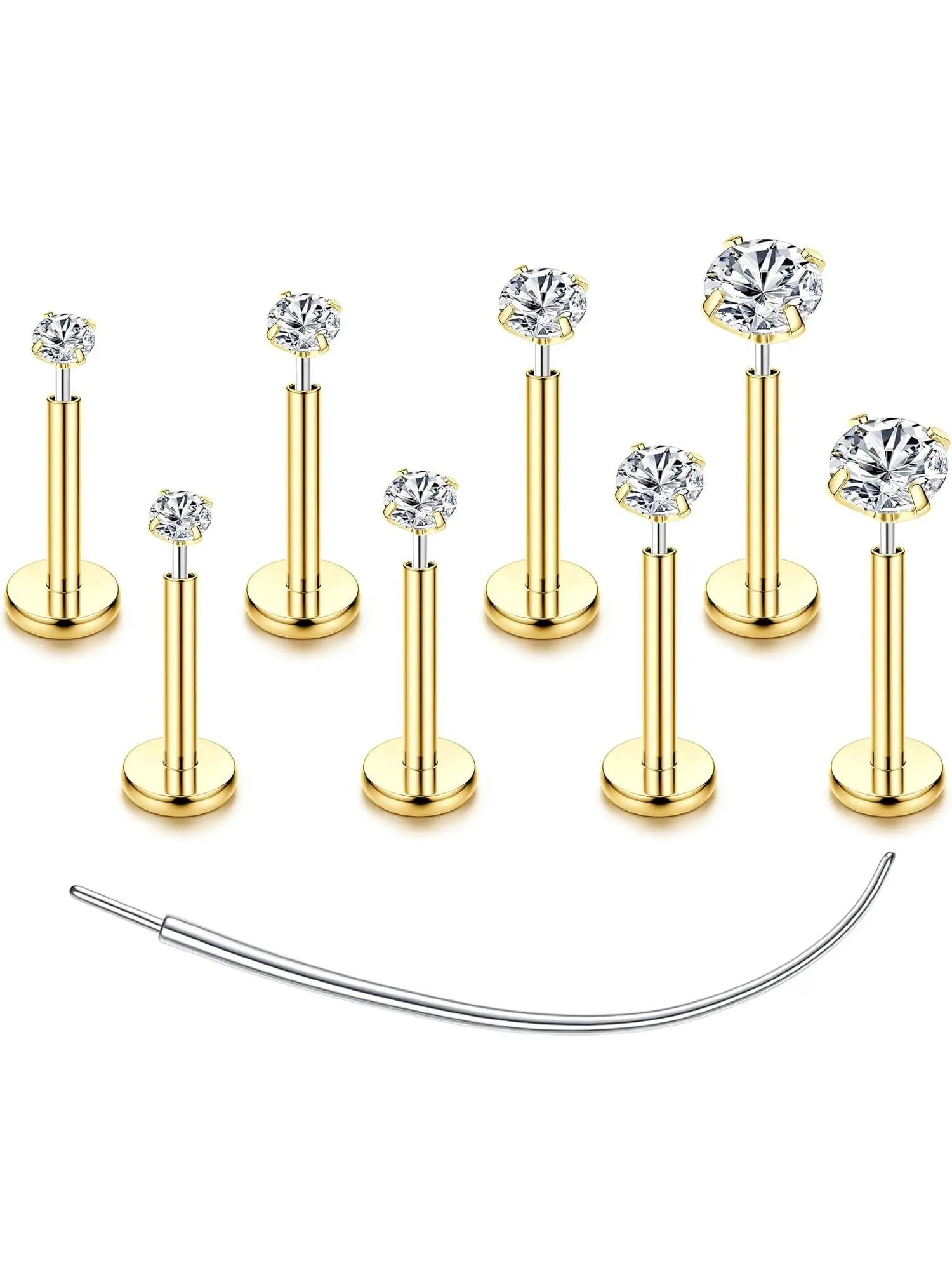 8Pcs G23 Hypoallergenic Titanium Flat Back Piercing Studs, Threadless Push-in Nose Studs, Nose Rings Studs, 16G/18G/20G, Silver & 14K Gold Plated, multi-use for Conch, Labret, Tragus & Lip Piercing Jewelry, ideal for daily wear & gifts