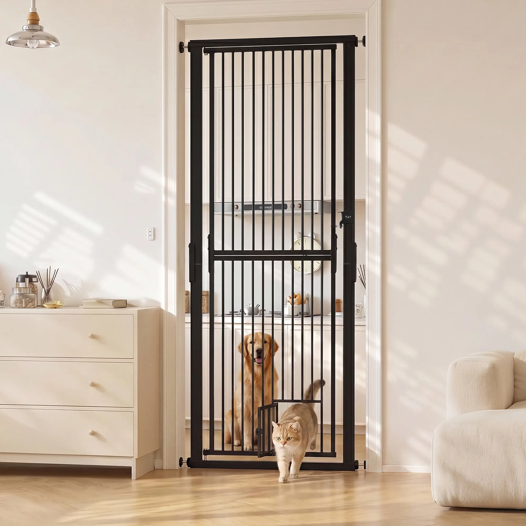 71'' Extra Tall Cat Gate for Doorway, 30.3"-40.9" Width Adjustable, Pet Gate NO Drilling Pressure Mounted, 4 Extension Kits, 1.35" Uitra-Narrow Gap, Dog Cat Gate Doorway Hallway Stairs, Black/White