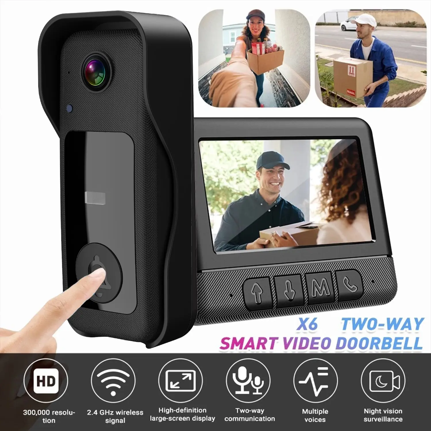 X6 Smart Video Doorbell, 4.3 Inch Color Screen, HD Video Intercom, Long Battery Life, No Internet Needed, Two-Way Audio, Home Use