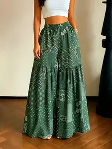 Boho Style Patchwork Women's Lightweight Loose Wide Leg Pants, Comfortably Designed for Everyday Wear, Perfect for Casual