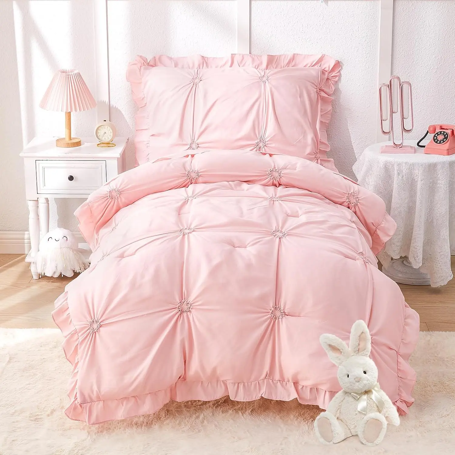 Princess Toddler Bedding Set for Girls, 4 Piece Ruffles Jacquard Embroidery Toddler Bed Sheets with Boho Toddler Comforter, Fitted Sheet, Flat Sheet and Pillowcase, Pink