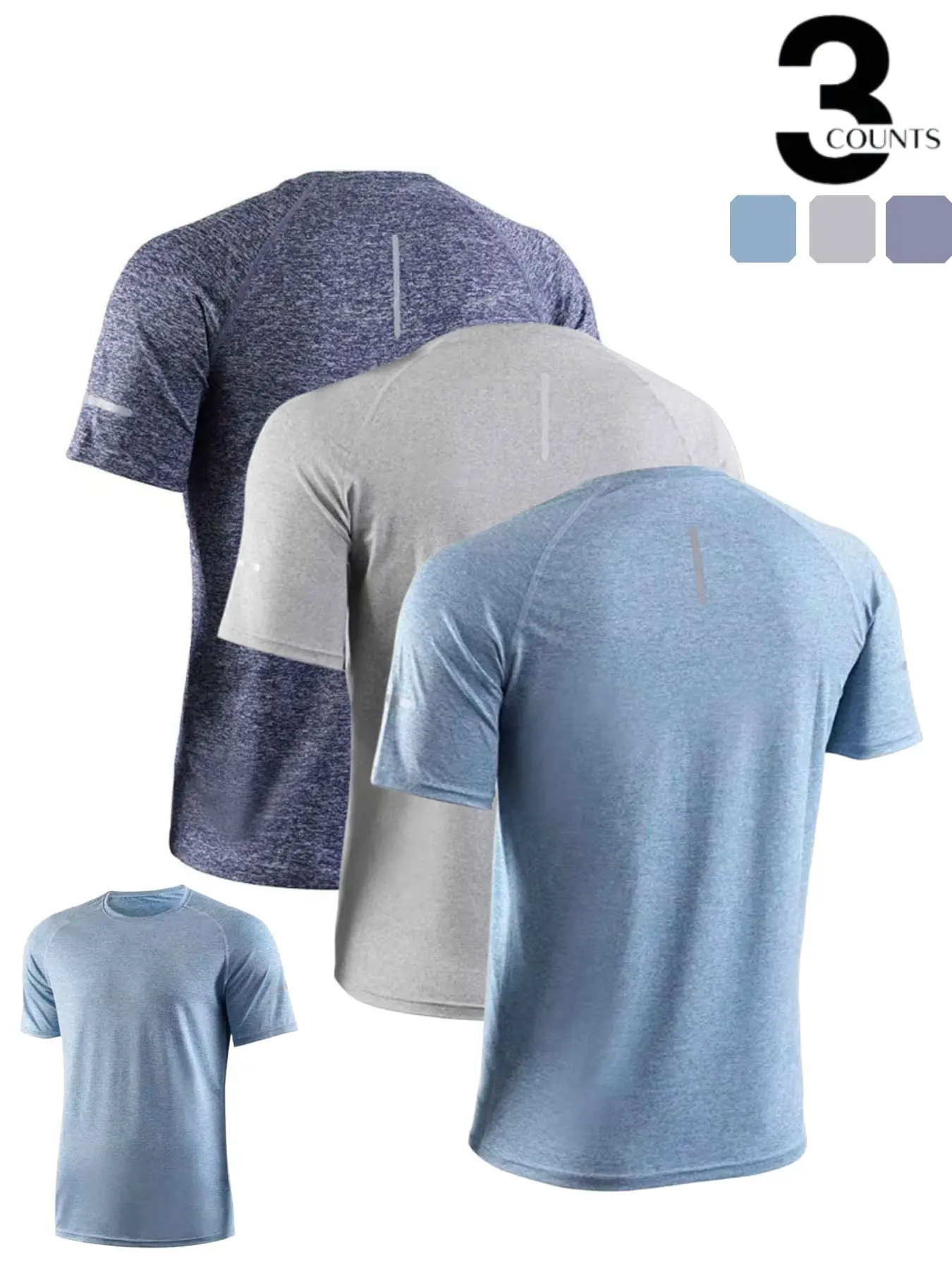 Men's Three-Piece Quick-Dry Sports T-Shirt with Shoulder Sleeve Reflective Stripes, Fitness Running Short-Sleeved Shirt, Soft and Breathable Comfortable Fit, Suitable for Daily Sports and Casual Wear