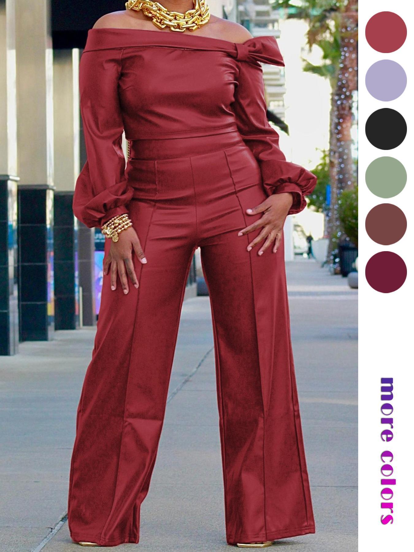 Two-Piece Set Women's Spring Casual Plain Off Shoulder Knot Front Bishop Sleeve Blouse & Wide Leg Pants Set, Solid Color Long Sleeve Top & Trousers Set for Fall, Women's Clothes