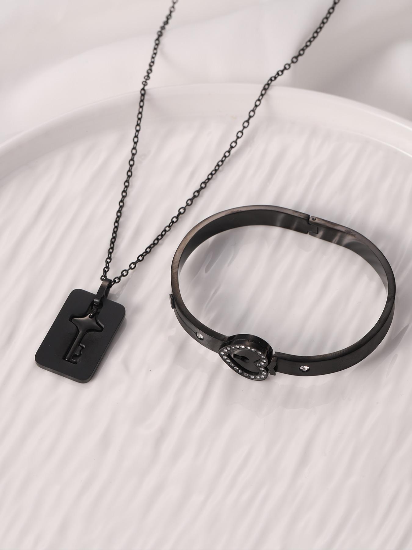 Unisex Summer Trendy Jewelry Set,  Rhinestone Decor Heart Shaped Lock Design Bracelet, Key Design Pendant Necklace for Girl, Streetwear Matching Vintage Jewelry, Valentine's Day, Gift