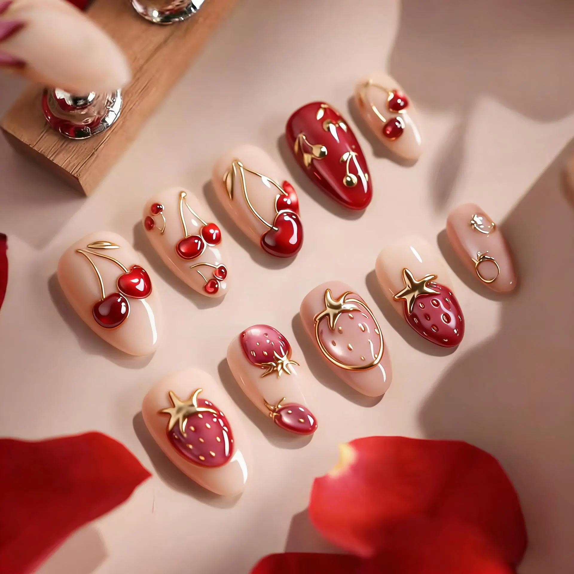 30 Pcs Extra Short Almond Press On Nails, Gold Foil Cat Eye Nails with Sweet Strawberry Pattern, Ins Trendy False Nails for Daily & Party Wear
