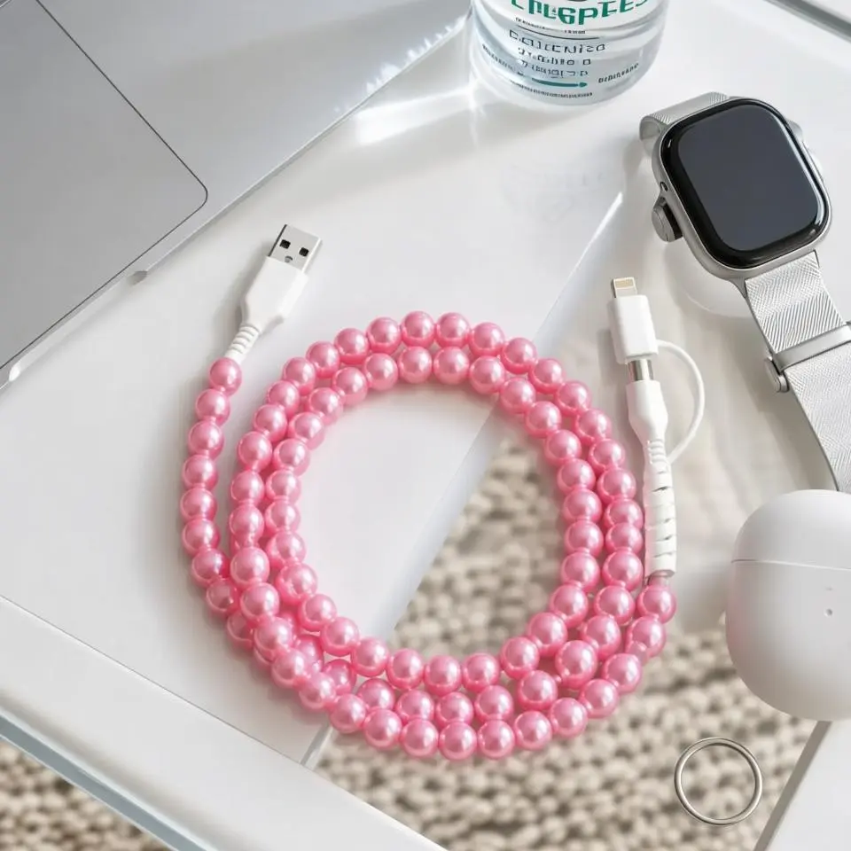 Pearl-Decorated Charging Cable Cord, Phone Charging Accessories - Compatible with all devices USB-C and Lightning interfaces 2-in-1 data cable, 3.3 feet in length, for Wired Fast Charge, available in multiple colors, Holiday gifts