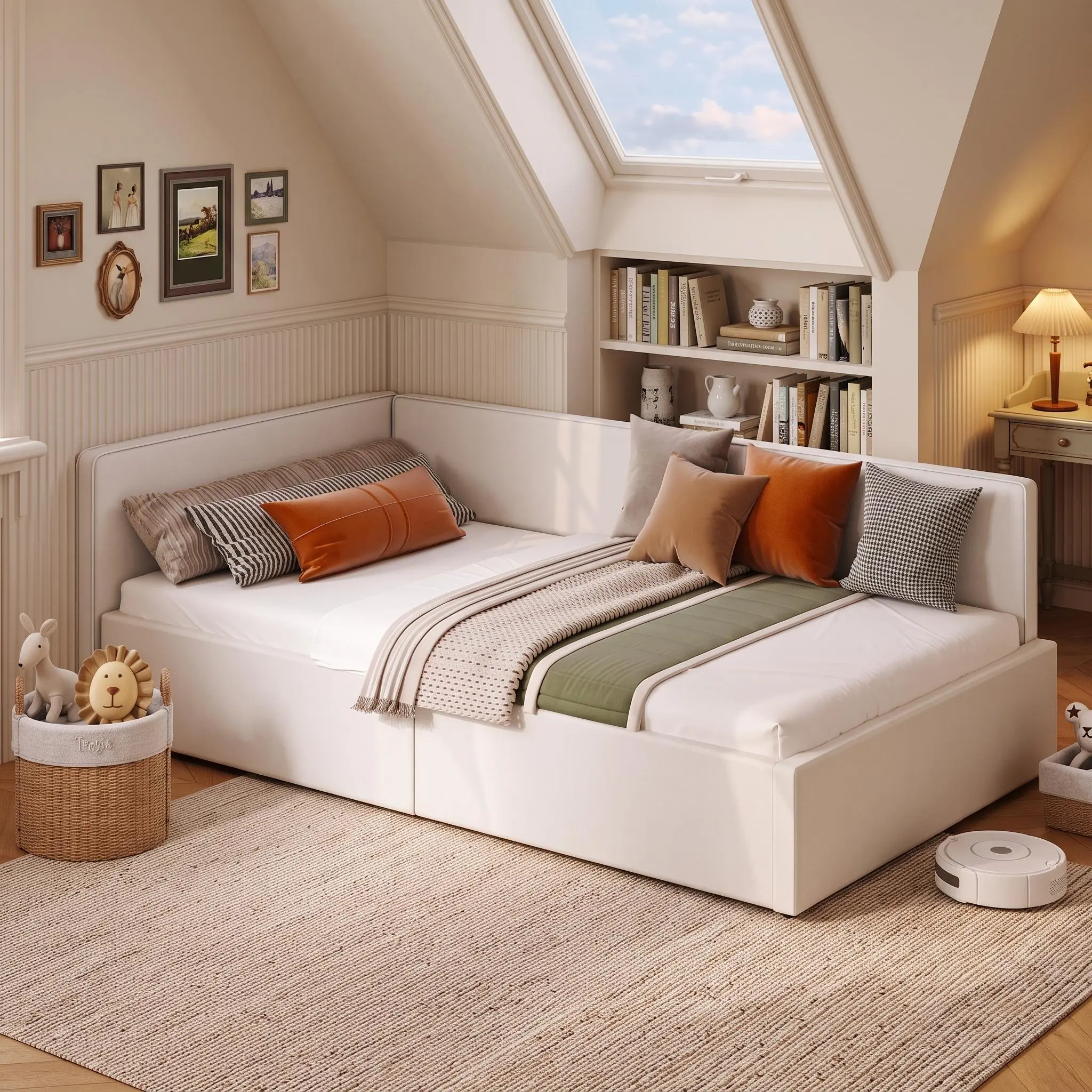 【GARVEE】Twin Size Soft Fabric Upholstered Daybed with Corner Headboard & Guardrails, Wooden Slat Support, Space-Saving Modern Frame, Easy Assembly for Bedroom & Living Room