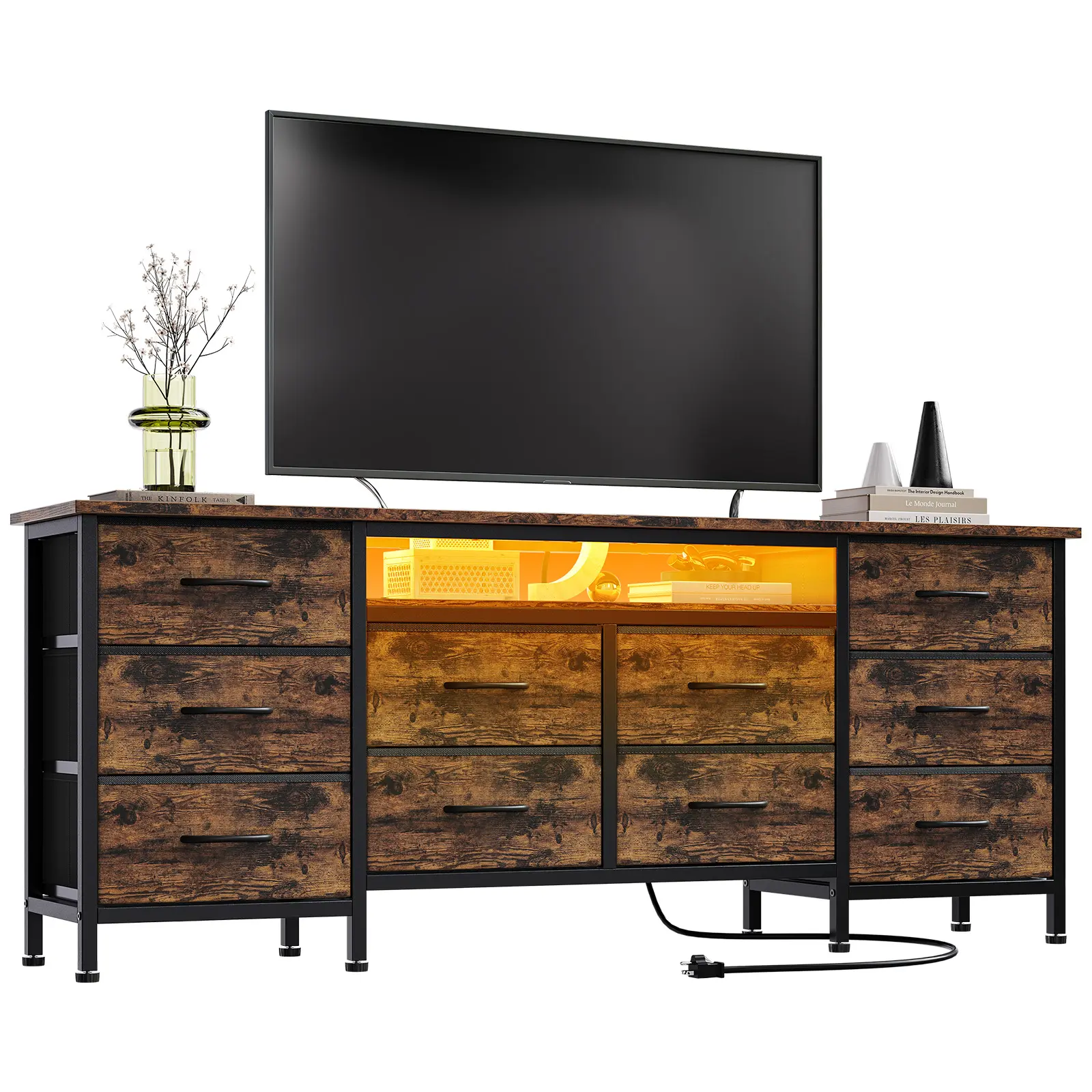 Modern 63" Wide Dresser with 10 Fabric Drawers – LED Lighting, Built-in Power Outlets – Bedroom Storage Chest & TV Stand – Sturdy, Versatile Entertainment Furniture for Living Room