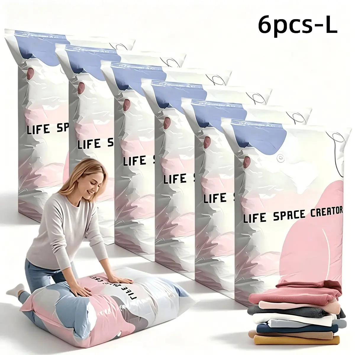 6 Pack Heavy Duty Pump-Free Vacuum Storage Bags, Press Seal Space Saving Compression Bags for Clothes Blankets Travel Moving Emergency Storage
