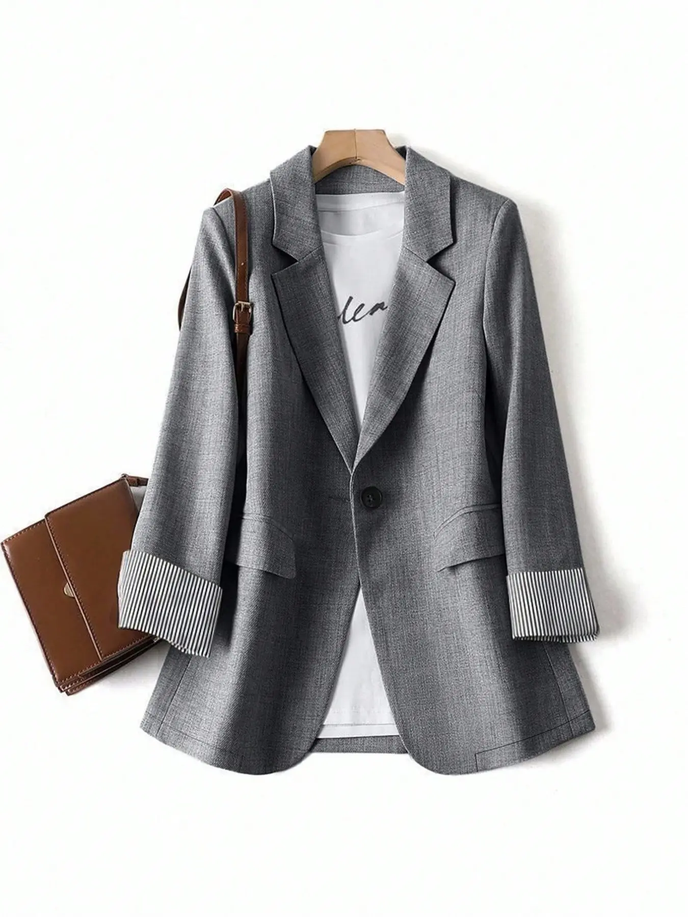 Plus Size Women's Striped Cuff Blazer Outerwear Jacket, Elegant Single Button Business Casual Suit Coat with Front Pockets for Office Work, Commuting and Fall Winter Outfits