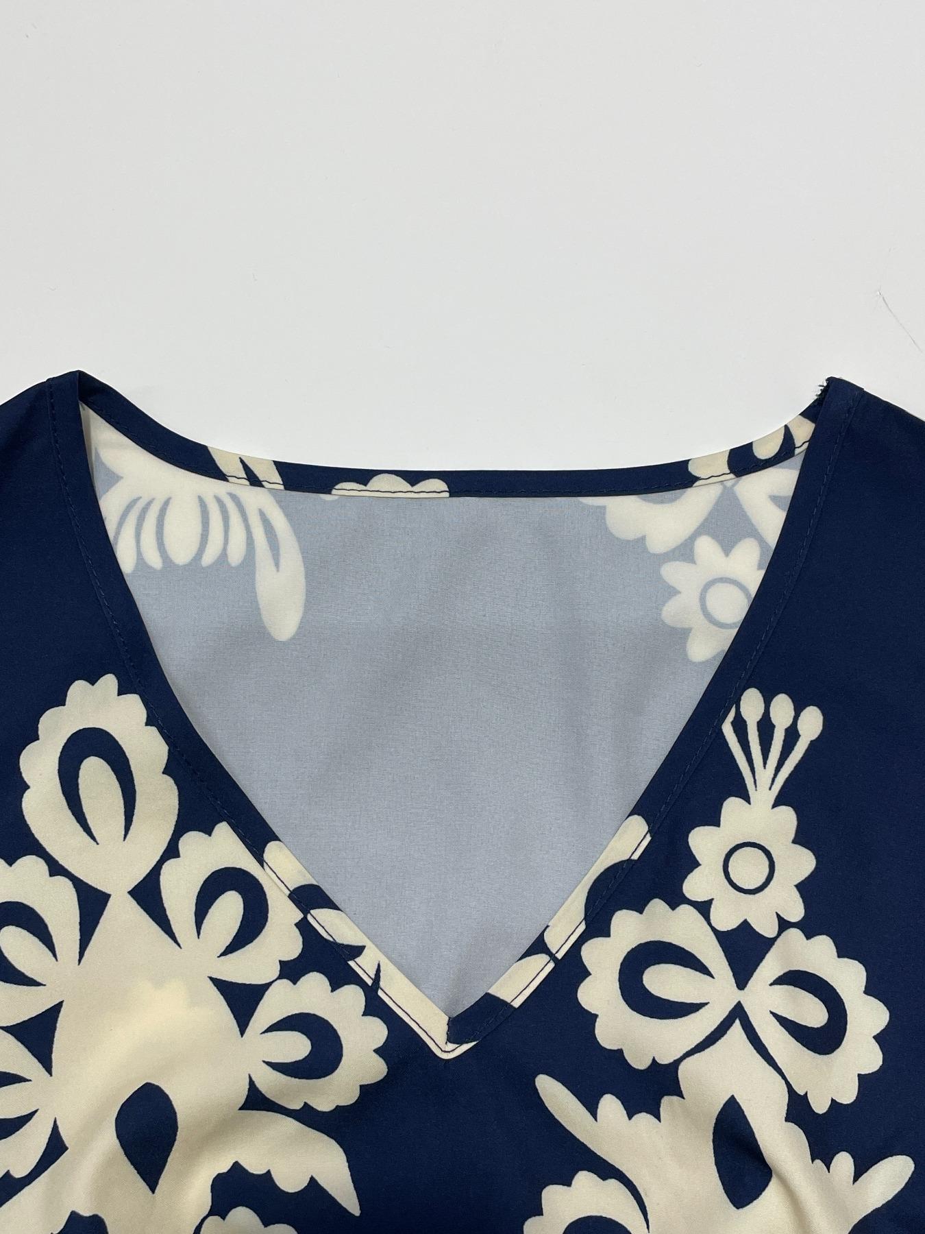Women's V Neck Ruffle Hem A-Line Dress, Elegant All over Print, Elastic Waist, Moderate Woven Fabric, Casual Vacation Wear