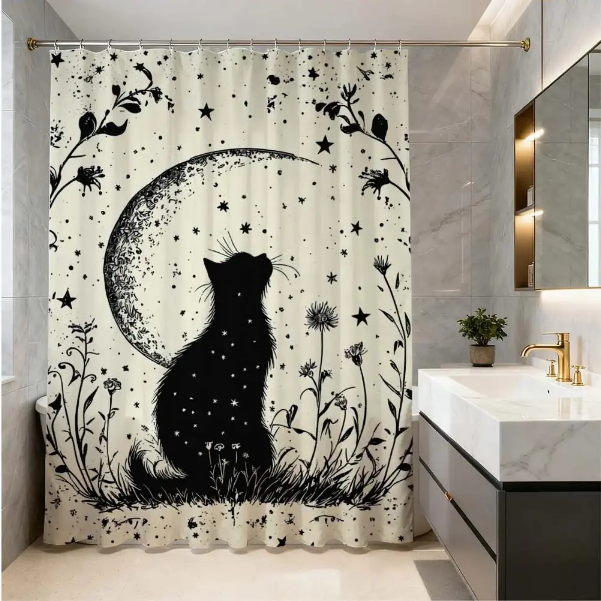 Mystical Black Cat Crescent Moon Star Wildflower Shower Curtain, Vintage Witchy Aesthetic Bathroom Fabric Curtain