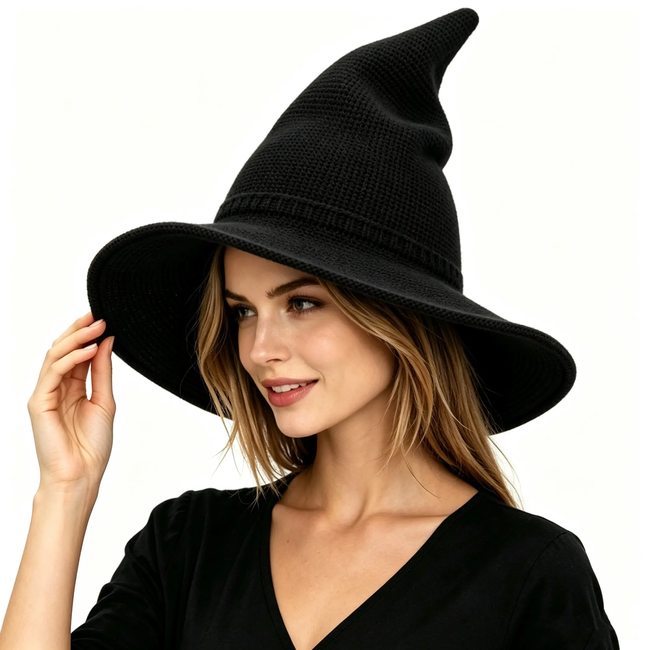 Halloween Witch Hat for Women, Soft Knitted Pointed Wizard Hat with Wide Brim, Foldable Costume Hat for Halloween Party, Cosplay, Dress Up, Photoshoot and Daily Wear