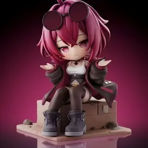 Cute Chibi Red Hair Anime Girl Nendoroid Figure 10cm PVC Statue Round Brown Goggles On Top Of Hair Open Wide Palm Hands Sitting On Square Block Base White Crop Tank Top Oversized Brown Coat Black Thigh High Stockings Gray Lace-Up Boots Cool Street Style C