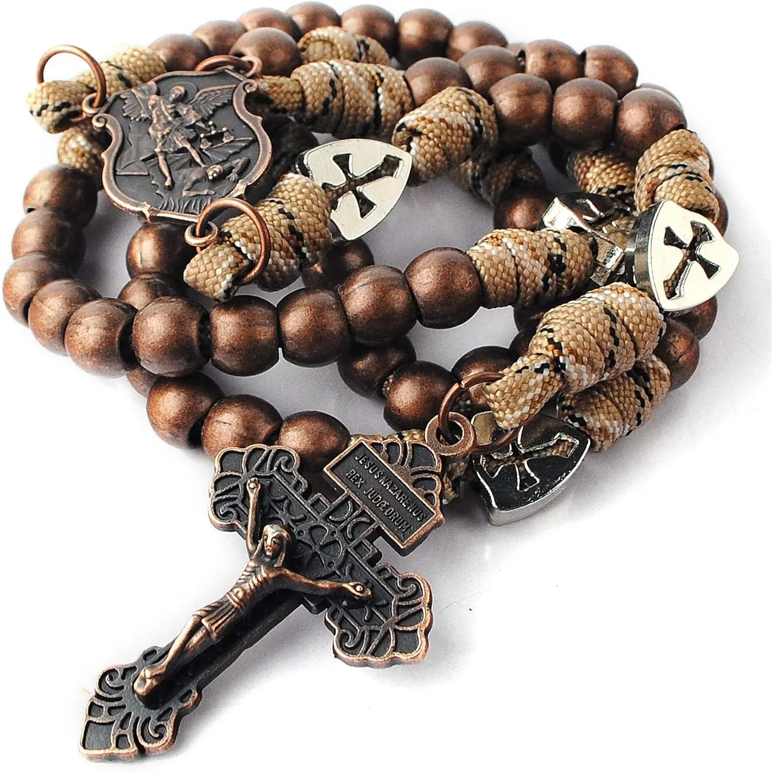 HanlinCC Antique Bronze St.Michael Paracord Rosary Necklace for Men, 13.7x12.6mm Rugged Metal Beads, Gun Black Pardon Crucifix, Large Heavy Durable Daily Fashion Costume Jewelry Accessory, Long