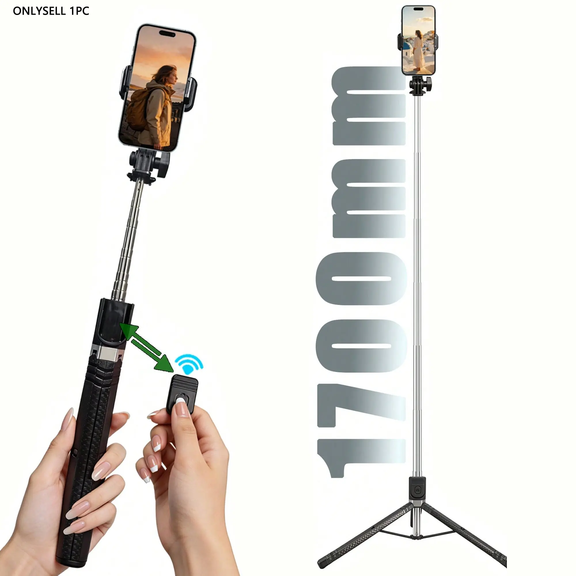 1700mm Extendable Selfie Stick Tripod with Bluetooth-compatible Remote, Foldable Phone Monopod for Stable Live Streaming & Vlogging