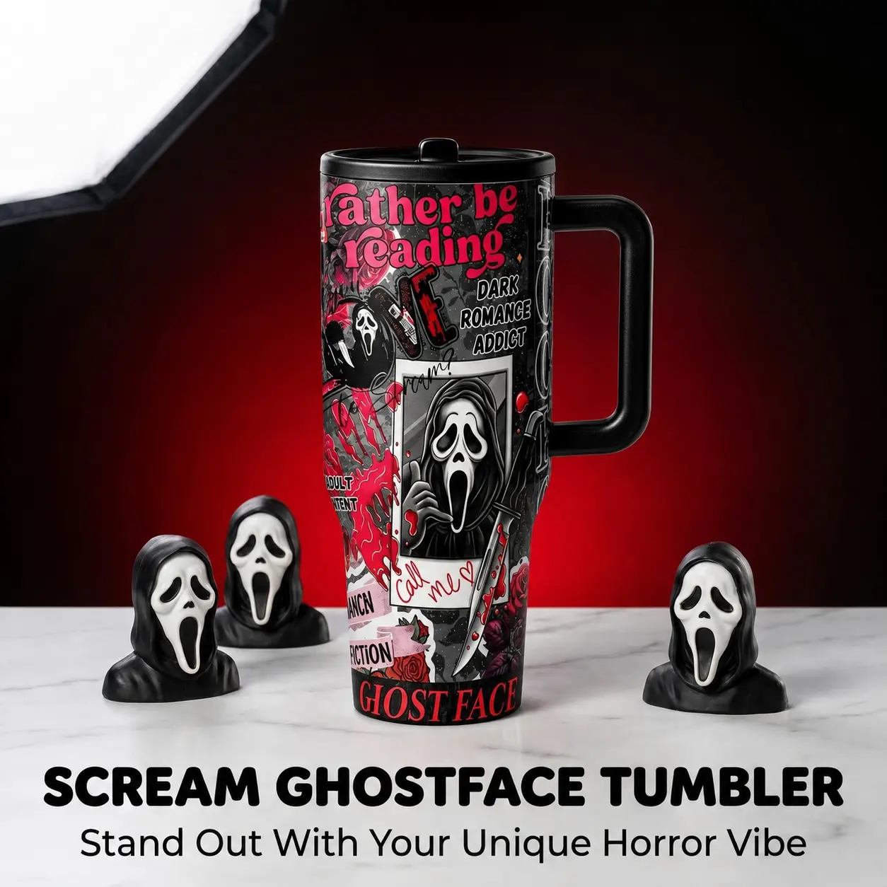 1pc 40oz Scream Ghostface Dark Romance Reading Tumbler with Handle, Leakproof Lid and Straw, Double Wall Vacuum Insulated Stainless Steel Cup Drinkware, Keeps Hot 12H Cold 24H, TikTok Viral Cup for Car Office Iced Coffee Daily Use
