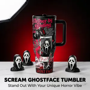 1pc 40oz Scream Ghostface Dark Romance Reading Tumbler with Handle, Leakproof Lid and Straw, Double Wall Vacuum Insulated Stainless Steel Cup, Keeps Hot 12H Cold 24H, TikTok Viral Cup for Car Office Iced Coffee Daily Use